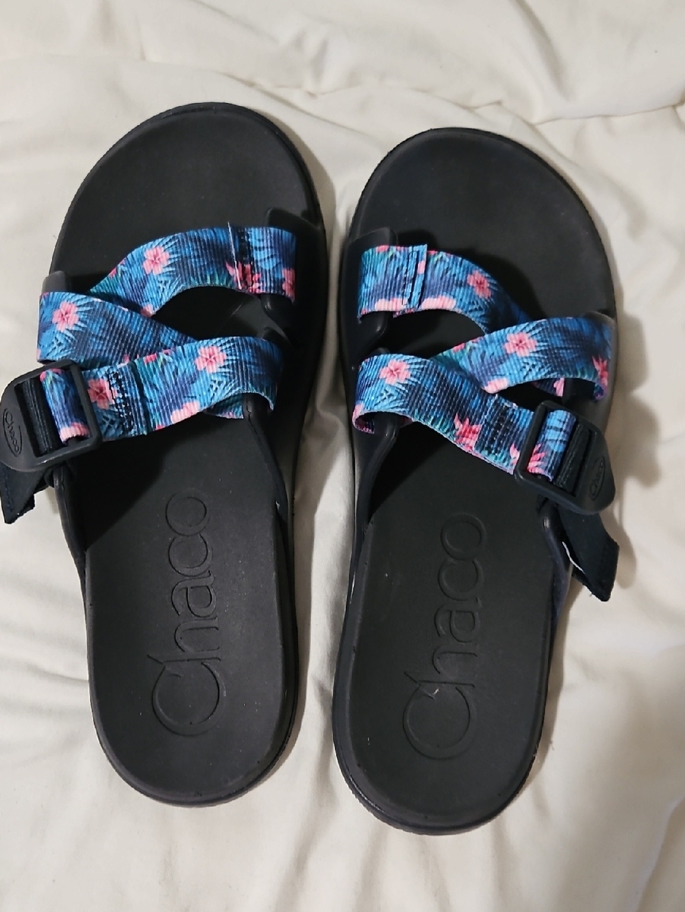 Chaco Black Slide Sandals with Blue Floral Straps